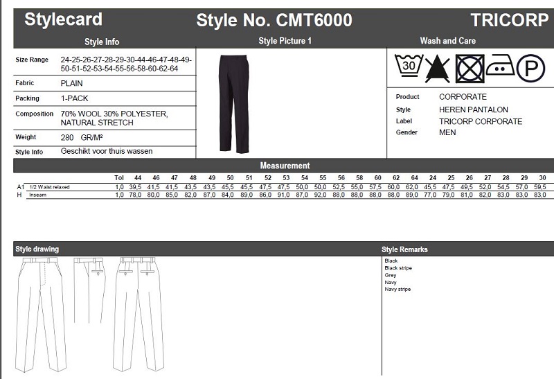 Maattabel voor Herenpantalon Tricorp CMT6000